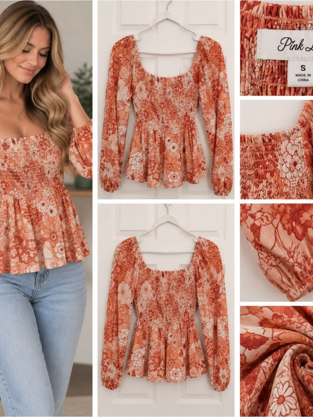 Pink Lily Rust & Cream Floral Smocked Peplum Long-Sleeve Top